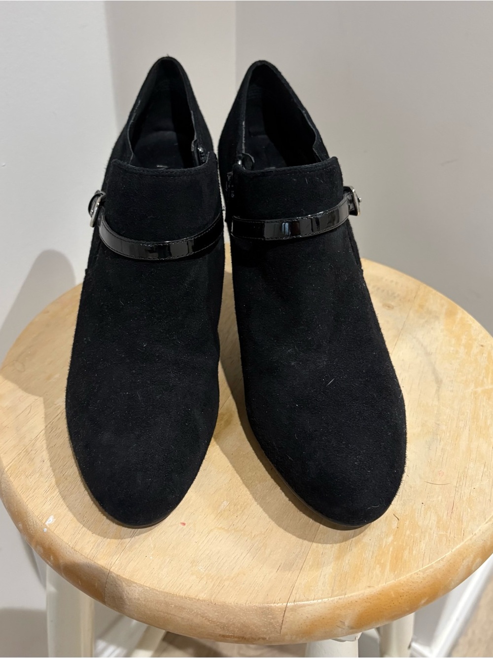 Nine West Black Suede Ankle Booties with Patent Strap - Picture 3 of 4